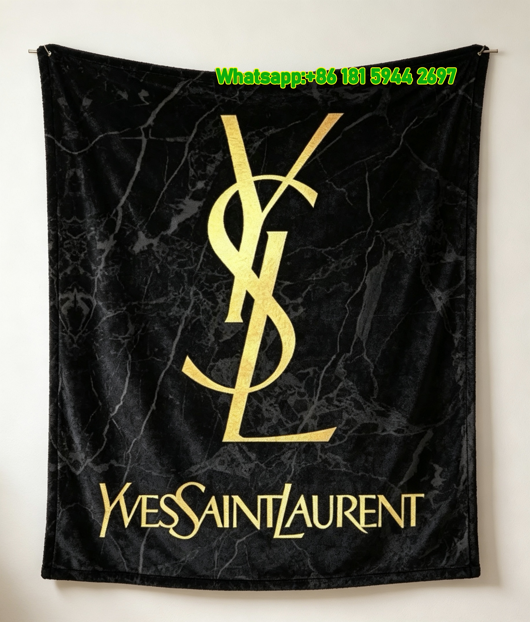 Yves Saint Laurent YSL Black Marble Gold Logo Printed Fleece Throw Blanket IMG_3211